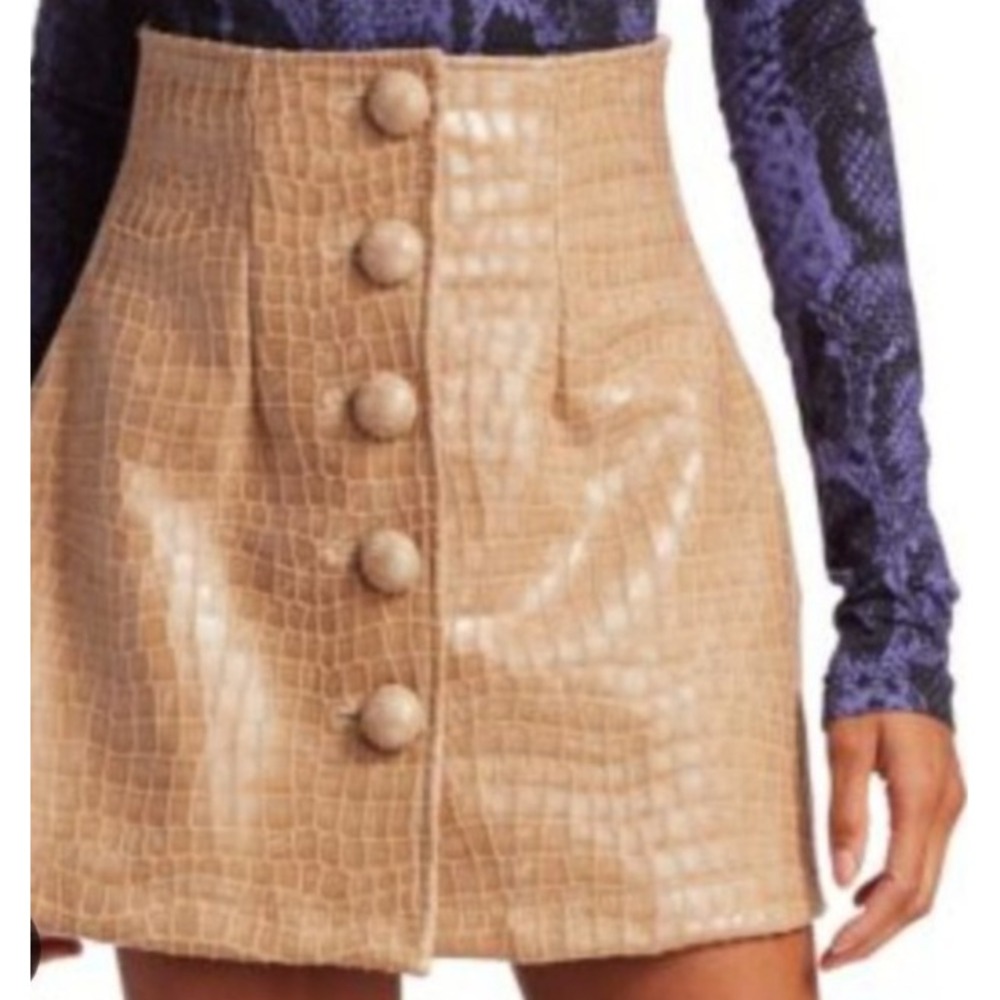 Andamane Mock Croc Tan Brown Faux Leather Ladies Buttoned A-line Mini Skirt XS